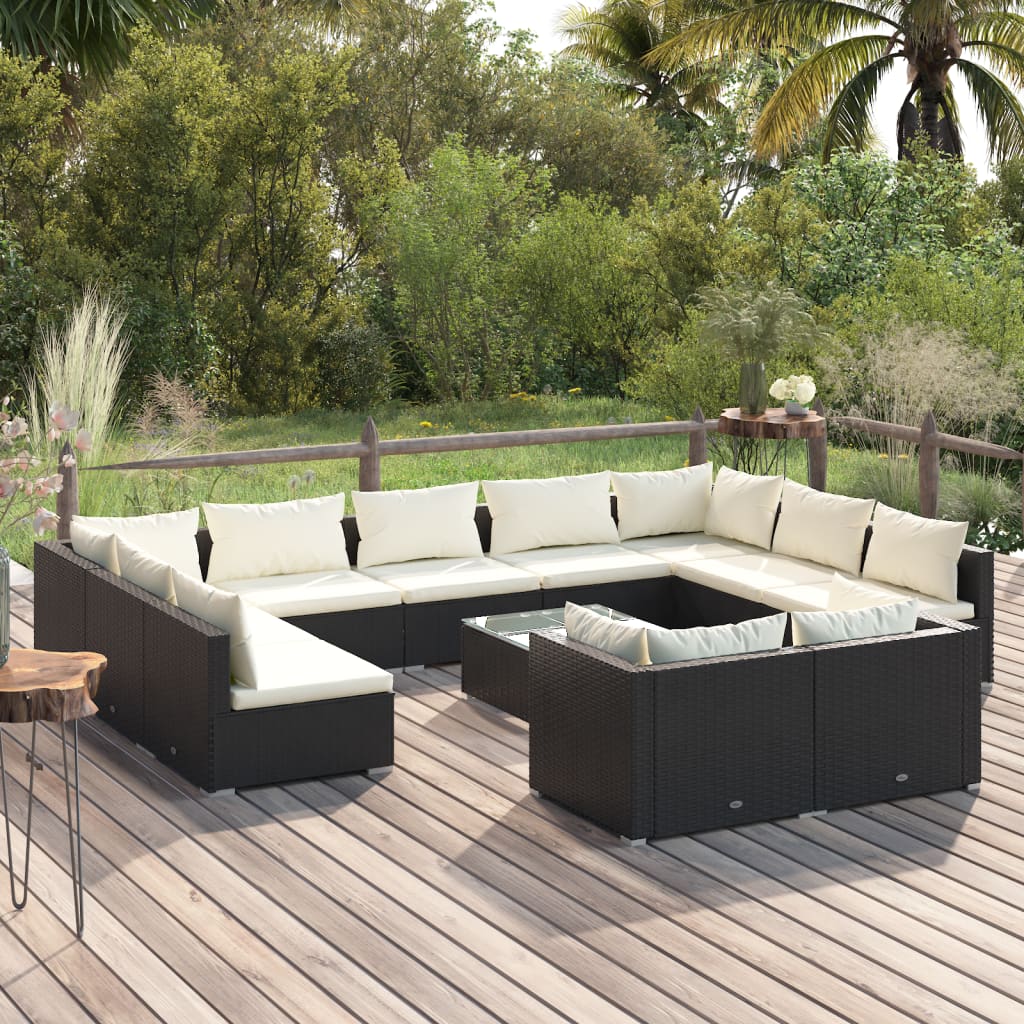 12 Piece Patio Lounge Set with Cushions Black Poly Rattan
