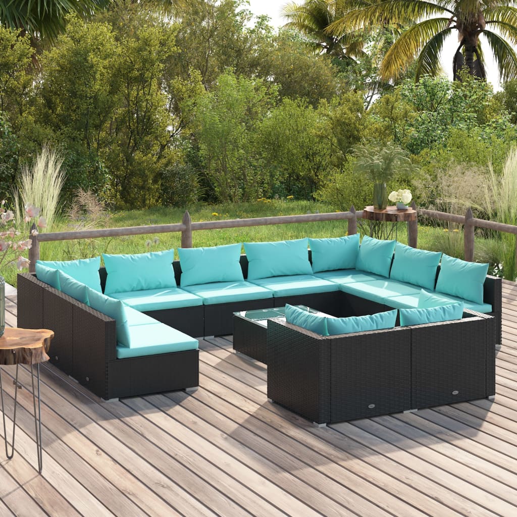 12 Piece Patio Lounge Set with Cushions Black Poly Rattan