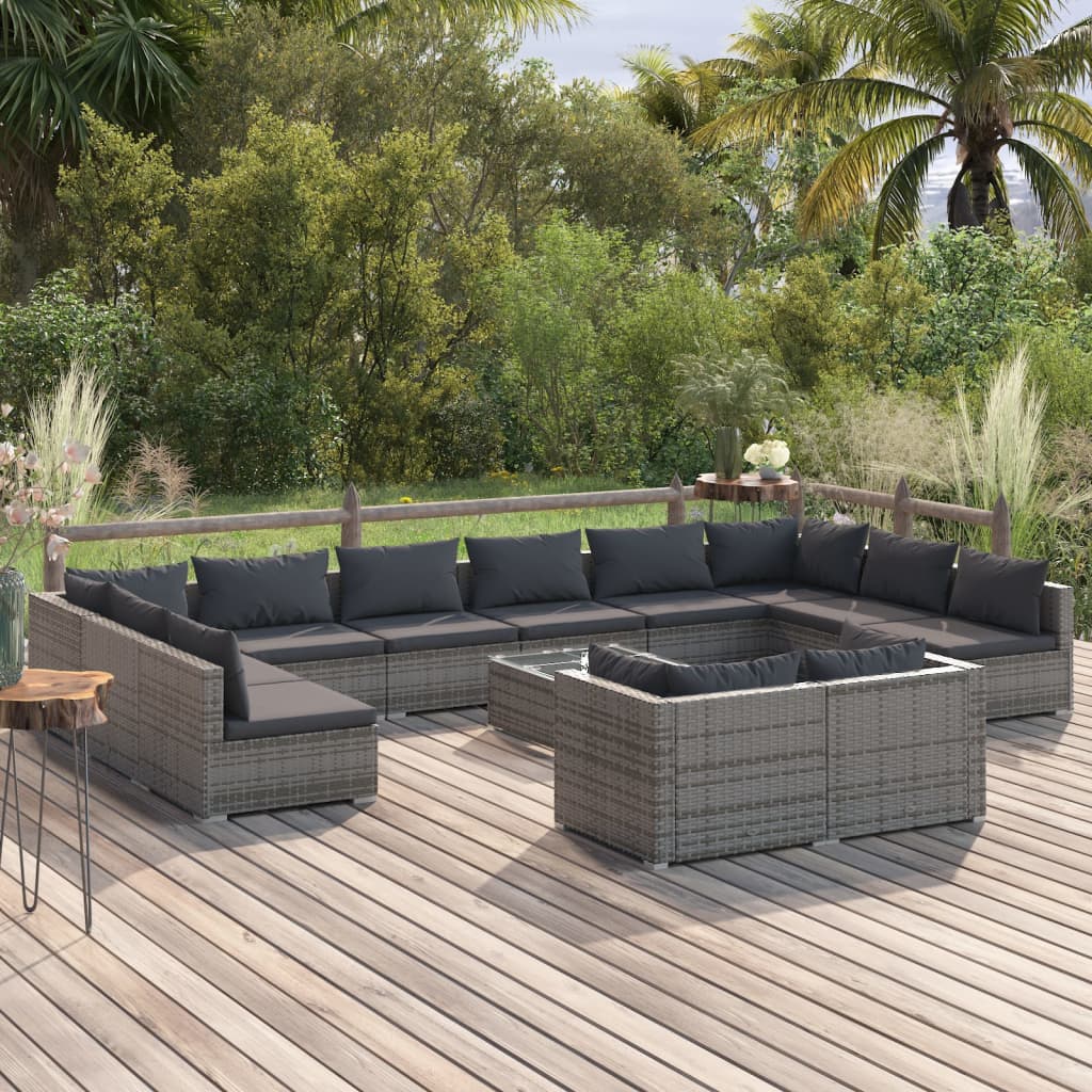 13 Piece Patio Lounge Set with Cushions Gray Poly Rattan