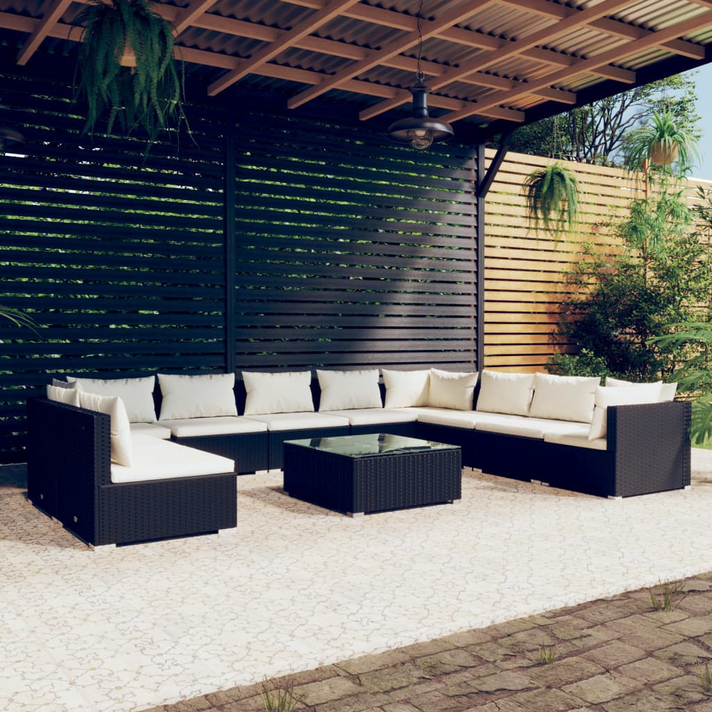 11 Piece Patio Lounge Set with Cushions Black Poly Rattan