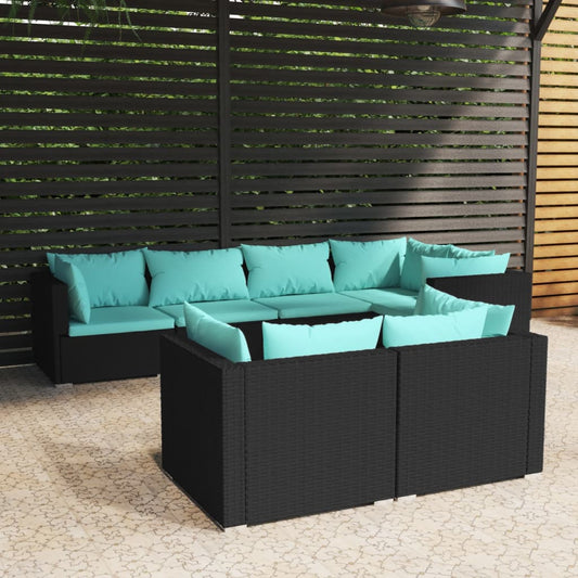 7 Piece Patio Lounge Set with Cushions Black Poly Rattan